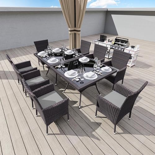 Gotland 10 Piece Outdoor Dining Set, All-Weather Rattan Patio Furniture Set with Umbrella Hole Tempered Glass Square Table, Outdoor Table and Chairs with Removable Cushions for Backyard Deck Grey - Image 6