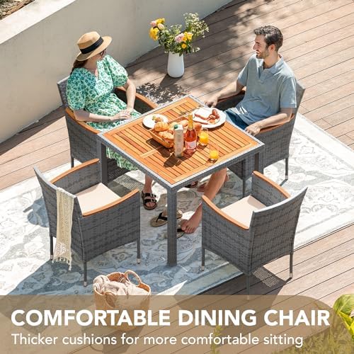 Devoko 5 PCS Acacia Wood Patio Dining Set, Gray Rattan - Image 5