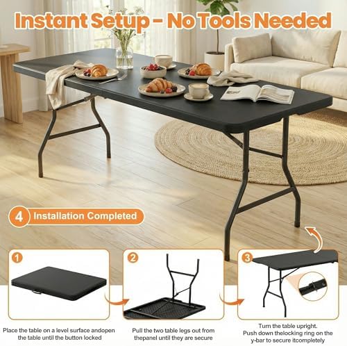 Black 6FT Folding Table with 6 Plastic Folding Chairs for Outside - Image 5