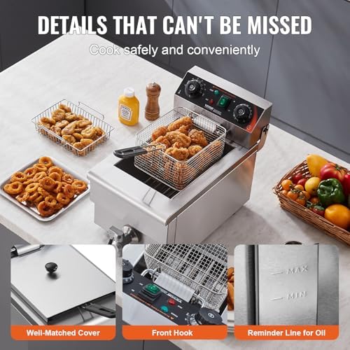 VEVOR Commercial Deep Fryer, 1500W Electric Countertop Fryer with Basket, 11.6Qt / 11L Stainless Steel Single Oil Fryer with Time & Temp Control, Overheat Protection, for Kitchen Restaurant Use - Image 6