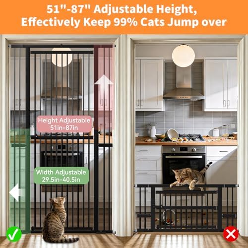 Snuowu 51"-87" Extra Tall Pet Gate for Cats, 29.5"-40.5" Wide Pressure Mounted No-Drilling Safety Dog Gate, Metal Walk-Thru Barrier for Doorways, Stairs, Kitchens, Black - Image 3