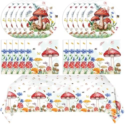 41Pcs Mushroom Birthday Decorations Enchanted Forest Party Tableware Set Wonderland Wildflower Mushroom Paper Plates Napkins Tablecloth丨Baby Shower Fairy Tale Party Cottagecore Party Decor,Serve 20 by Mainivo