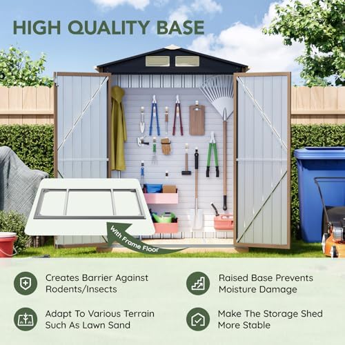 5 x 3 FT Storage Shed with Floor Frame for Backyard, Brown - Image 3