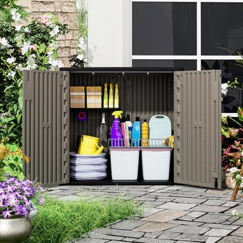 ZZM 37 Cu.ft Outdoor Storage Shed with Floor HDPE Double-Wall Resin Sheds Outdoor Storage, Lockable Weatherproof Storage Cabinet Fit for Garden Tools, Garage can, Bike, Patio Furniture, Brown - Image 6