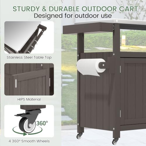 Weatherproof HIPS Outdoor Kitchen Island with Stainless Steel Top & Storage Cabinet, Movable Prep Table with Wheels for BBQ Food Prep, Outdoor Grill Cart for Parties, Cocoa Brown - Image 6
