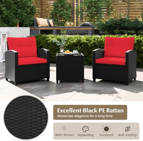 Tangkula 3 Pieces Patio Furniture Set, Rattan Conversation Set w/Soft Seat & Back Cushions, Tempered Glass Topped Coffee Table, Cushioned Wicker Seating for Backyard, Porch, Poolside (Red) - Image 6