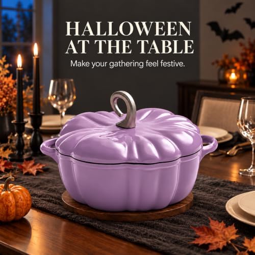 Pumpkin Cocotte Cast Iron Dutch Oven With Lid - Non-Stick Cooking Pot for Stew and Soup - Serves 3-5 - Halloween Thanksgiving Decor Gift (Purple) - Image 2