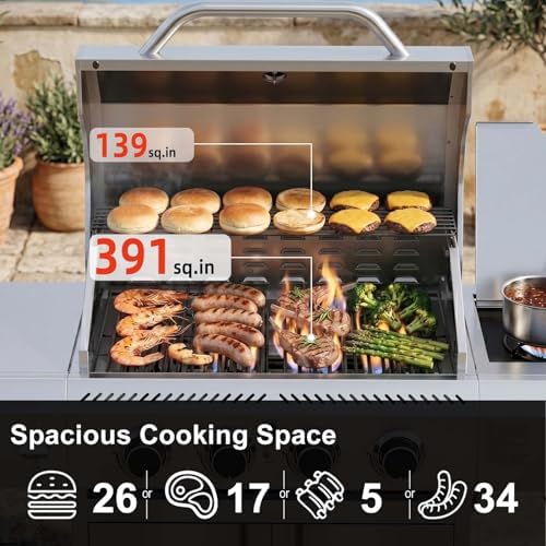 COWSAR 4-Burner Gas Grill, 42000 BTU BBQ Grill, Stainless Steel Barbecue Grill with Side Burner, Enameled Cast Iron Grill, Pull-Out Oil Tray, Suitable For Outdoor, Backyard Barbecues - Image 5