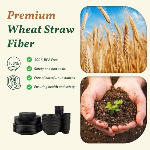 Homienly Wheat Straw Dinnerware Set,40-Piece Dish Set for 8, Dinner Plates, Dessert Plate, Cereal Bowls, Cups, Appetizer Plates,Reusable Dinner Plates Kids Plates and Bowls Sets,Black - Image 3