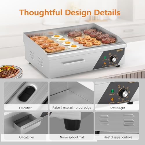 Bonnlo 22 Inch 1600W Commercial Electric Griddle with Stainless Steel Countertop, Half Flat Griddle, 122-572℉ Adjustable Temp Control of Flat Top Grill for Steak and Egg, Home & Restaurant, Plug - Image 5