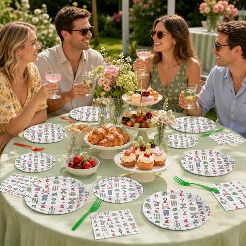 96PCS Mahjong Party Paper Plates and Napkins Mahjong Party Decorations Mah Jong Disposable Tableware Dinnerware Set for Mah-jong Birthday Gatherings Decorations - Image 6