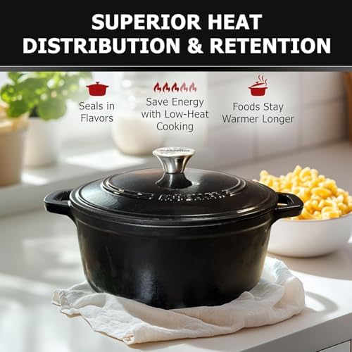 MUELLER HOME 4.5 QT Enameled Cast Iron Dutch Oven, Heavy-Duty Casserole Dish and Braiser Pan with Lid and Stainless Knob, Oven-Safe up to 500° F & Across All Cooktops, Black - Image 3