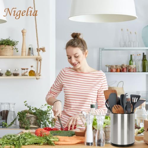Nigelia Set of 2, Extra Large Kitchen Utensil Holder, 360° Rotating Stainless Steel Cooking Utensil Holder for Countertop, 3 Compartment Flatware Organizer (Silvery) - Image 3