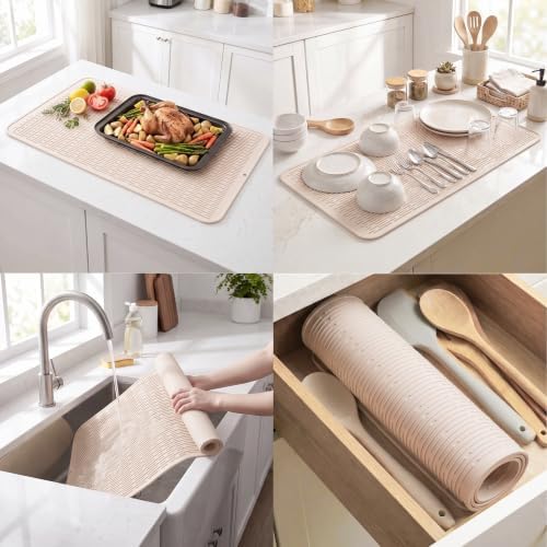 MicoYang Silicone Dish Drying Mat for Multiple Usage,Easy clean,Eco-friendly,Heat-resistant Silicone Mat for Kitchen Counter or Sink,Refrigerator or Drawer Liner Tapioca 5XL 36inches x 18inches - Image 4