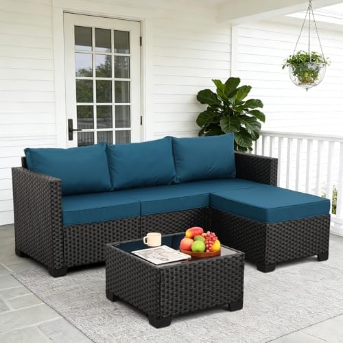 Oasishine 3 Pieces Patio Furniture Set Outdoor Sectional Wicker Patio Furniture Patio Couch with Ottoman and Outdoor Glass Table Weathering Anti-Slip Cushions Waterproof Covers, Peacock Blue - Image 3