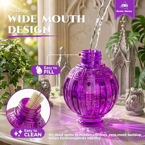 2 Pack Glass Hummingbird Feeder for Outdoors Hanging, Bird Nectar Feeder with Perch & 5 Flower Feeding Ports, 26 Oz Leak Proof for Outside Garden Decor Backyard, Gifts for Women Mom, Red + Purple - Image 3