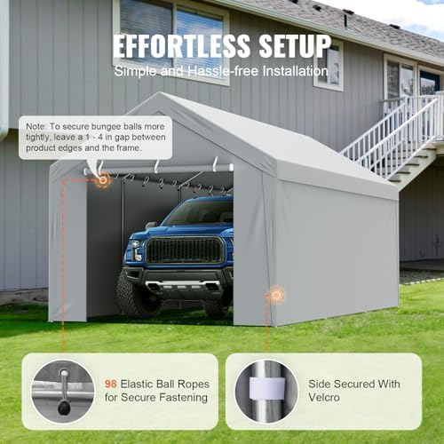 VEVOR Carport Replacement Canopy Cover Top + Side Wall 12 x 20 ft, Garage Tent Shelter Tarp Heavy-Duty Waterproof & UV Protected, Easy Installation with Ball Bungees,Grey (Frame Not Included) - Image 5