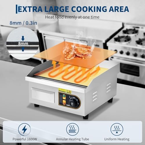 Garvee 14in Commercial Electric Griddle, 1700W Countertop Flat Top Grill, Stainless Steel Griddle Grill with 2 Shovels and 2 Brushes for Home or Restaurant, 122℉-572 ℉ Adjustable Temp - Image 3