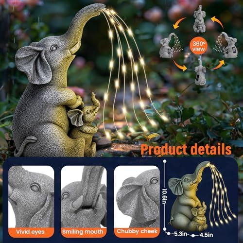 Solar Garden Outdoor Statue with 30 LED Lights - Lawn Decor Elephant Figurine for Patio, Balcony, Yard Ornament - Unique Housewarming Lucky Elephant Mother Gift - Image 2