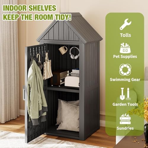 Outdoor Storage Shed, Waterproof Storage Cabinet with Sloping Roof and Lockable Door, Resin Shed with Ample Space, Multiple Hooks for Backyard Patio, Garden, Lawn, Classic Grey - Image 2