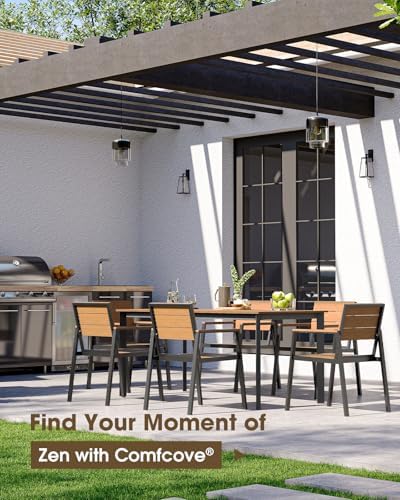 Outdoor Dining Table, Aluminum Patio HDPS Outdooor Table with Umbrella Hole, All Weather Patio Furniture Set, Patio Dining Table (Gray & Teak) - Image 6
