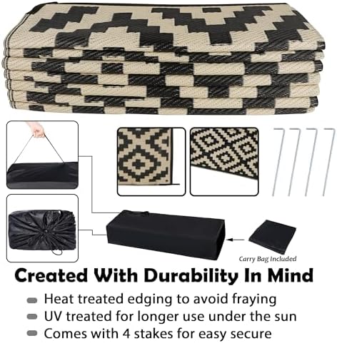 SAND MINE Reversible Mats, Plastic Straw Rug, Modern Area Rug, Large Floor Mat and Rug for Outdoors, RV, Patio, Backyard, Deck, Picnic, Beach, Trailer, Camping, Black & Beige, 10' x 14' - Image 4