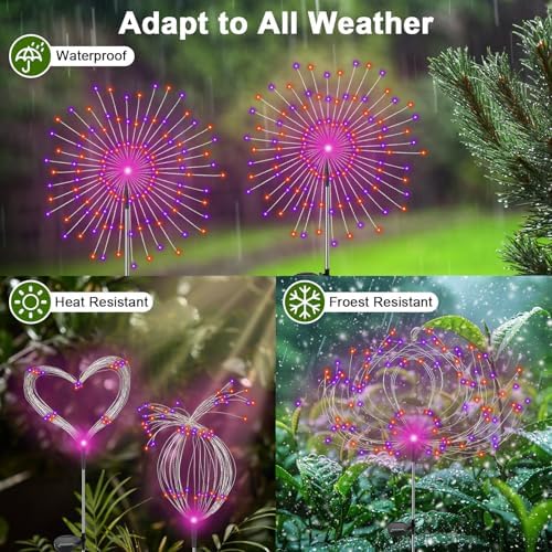 Solar Garden Lights Outdoor, 2 Pack 120 LED Twinkling Firework Lights Decorative with 2 Modes, Outdoor Waterproof Solar Starburst Light for Outside Yard Pathway Garden Decor, Purple + Orange - Image 3