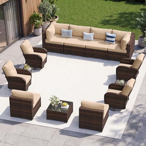 Aoxun 13 Piece Outdoor Patio Furniture Set with Coffee Table, Wicker Rattan Outdoor Furniture with High Back Swivel Rocker Chairs, Outdoor Conversation Set with Thick Cushion & Side Table, Beige by Aoxun