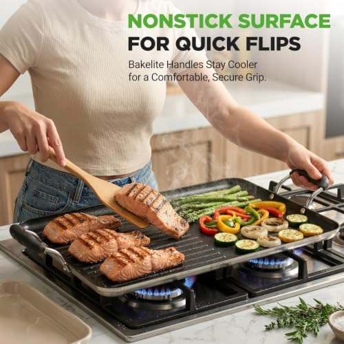 NutriChef 24" Stove Top Griddle Pan, Nonstick Double Burner Grill & Griddle Combo, Ridged & Flat Surfaces, Suitable for Frying & Searing, Cool-Touch Handles, Easy to Clean, Black - Image 4