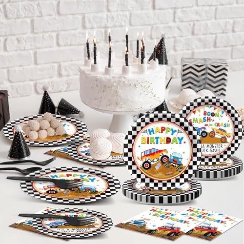 Monster Truck Party Tableware Set Monster Truck Plates and Napkins Car Birthday Party Supplies Decorations for Kids Boys Black and White Checked Theme Birthday Supplies Serves 24 - Image 5