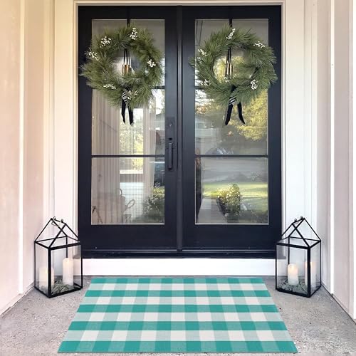 Spring Green & White Plaid Rug - 28 x 43 Inches Outdoor Front Door Decor Mat Cotton Washable Hand-Woven Rug Christmas New Year Holiday Porch Entryway Layered Doormat - Image 7