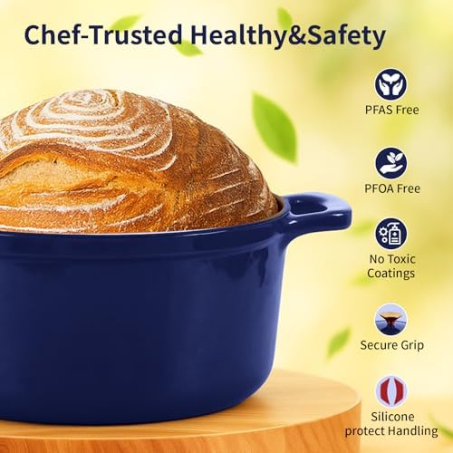 Enameled Cast Iron Dutch Oven with Lid&Silicone Grip, Round Casserole Pot for Bread Baking, Braising, Roasting,Stews,Heavy-Duty Baking Pan,Oven Safe, Induction Compatible (4.7QT,Indigo) - Image 6