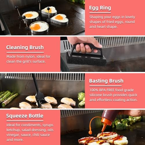 VIKEYHOME Griddle Accessories Kit, 28 Pcs Flat Top Grill Accessories Set for Blackstone, Professional Grill BBQ Spatula Set with Basting Cover, Spatula, Scraper, Bottle, Tongs, Egg Ring - Image 6