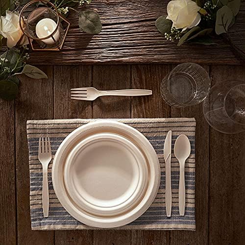 300 Piece (50 Sets) Biodegradable Paper Plates Set (EXTRA LONG UTENSILS), Disposable Dinnerware Set, Eco Friendly Compostable Plates & Utensil include Plates, Cups, Forks, Knives and Spoons - Image 6