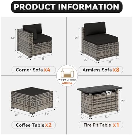 Aoxun Patio Furniture Sets, 15-Piece Outdoor Patio Furniture with 44'' Propane Gas Firepit Table, Wicker Outdoor Conversation Set Sectional Sofa for Backyard, Poolside - Image 2