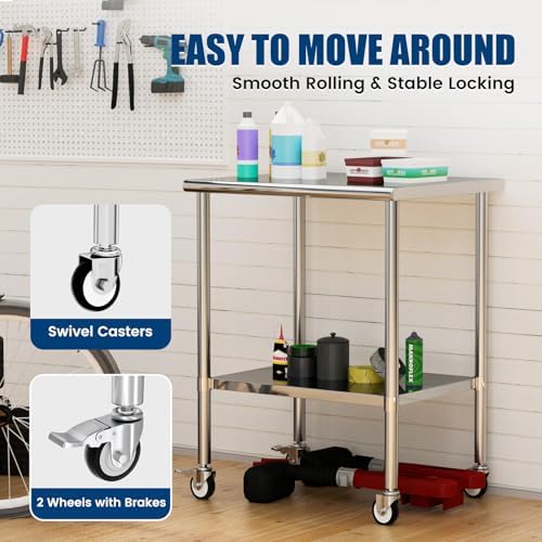 Stainless Steel Work Table with Wheels, 24x30 Inch NSF Kitchen Prep Table with Adjustable Undershelf for Commercial Restaurant, Garage, Outdoor BBQ - Image 6