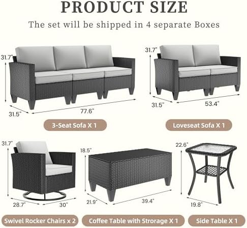 UDPATIO Patio Furniture Set, 6 Pieces Outdoor Furniture Sets with Rocking Swivel Chairs, Wicker Rattan Outdoor Conversation Set with Storage Table and Waterproof Covers for Backyard, Light Grey - Image 2