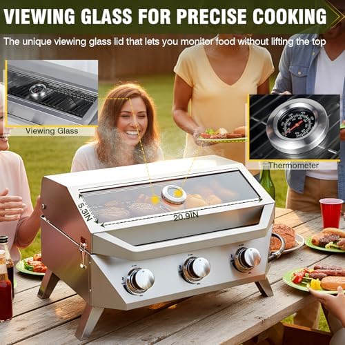 BESTFIRE 3-Burner Tabletop Gas Grill with Viewing Glass, 30,000 BTU Stainless Steel Portable Propane BBQ Grill with Thermometer, Professional Outdoor Cooking for Patio, Camping, RV and Tailgating - Image 5