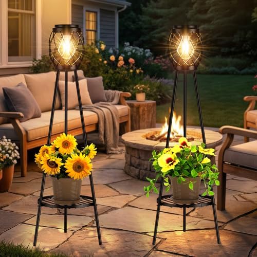 MXwcy 2 Pack Solar Lights Outdoor with LED Edison Bulbs, Vintage Style Solar Floor Lamp with Plant Stands, Weatherproof Garden Lights for Pathway, Patio, Yard, Porch Decor 8-10 Hours Lighting - Image 6