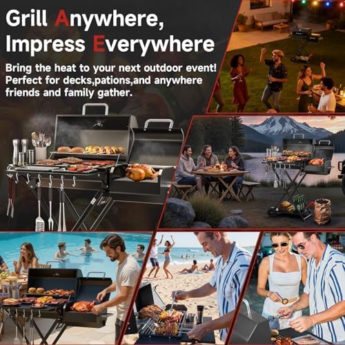 Portable Charcoal Grill with Smoking Function, Foldable Suitcase Design with Wheels, Multi-Tier Storage Rack & Waterproof Cover for Outdoor BBQ Parties (Black) - Image 5