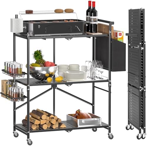 DTUQYX Foldable Outdoor Grill Cart with 3-Tier,Grill Cart,Grill Table for Outside with 2 Total Lock Casters，Pizza Oven Stand Table，Rolling BBQ Table and Folding Kitchen Island, Black by DTUQYX