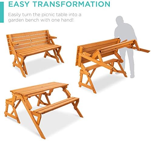 Best Choice Products 2-in-1 Transforming Interchangeable Outdoor Wooden Picnic Table Garden Bench for Backyard, Porch, Patio, Deck w/Umbrella Hole - Natural - Image 2