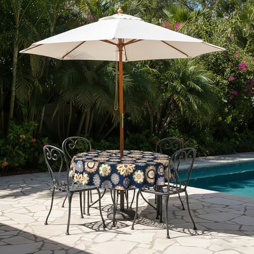 LVTXIII Round Outdoor Tablecloth with Umbrella Hole and Zipper, Water-Repellent 60 Inch Patio Table Cover for Bistro, Garden, Patio & Picnic, Bloom Cobalt - Image 5