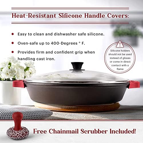 Cuisinel Cast Iron Skillet + Glass Lid + Red Chainmail Scrubber - 15"-Inch Dual Handle Braiser Frying Pan + Silicone Handle Covers - Pre-Seasoned Oven Cookware - Indoor/Outdoor. PFAS and PFOA-free - Image 3