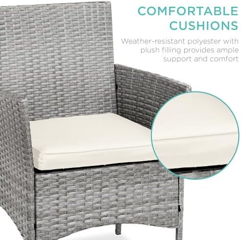 Best Choice Products 3-Piece Outdoor Wicker Conversation Bistro Set, Space Saving Patio Furniture for Garden w/Side Table - Gray/Cream - Image 4
