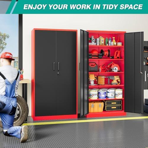 SISESOL Wide & Deep Metal Storage Cabinet with 5 Shelves,72" Tall Red Garage Storage Cabinet with Lock,Metal Cabinets with Locking Doors,Lockable Steel Cabinets for Home,Office,Shop,Garage,72x36x18 - Image 2