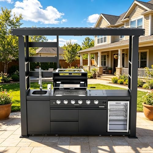 97" Stainless Steel Outdoor Kitchen Island with 4-Burner 72000 BTU,Gas Grill with Side Burner,Rotisserie Oven,Beverage Fridge,Galvanized Steel Roof,Granite Countertops,Sink.(Natural Gas) by INOTEVERITORY