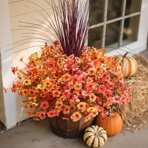 Fall Flowers Artificial Mums for Outdoors Autumn Decor, 12 Bundles Fake Fall Mums with 1 pcs Burgundy Grass UV Resistant Realistic Faux Flowers for Outside Home Porch Patio Planter Yard, Orange Yellow - Image 2