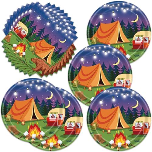40pcs Camping Party Supplies Campfire Hiking Camper Theme Birthday Paper Plates and Napkins Set for Boys Kids Campfire Barbecue Birthday Party by Frypeas