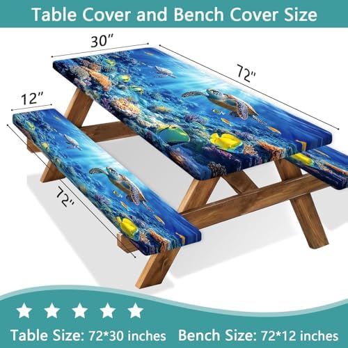 Picnic Table Cover with Bench Covers, Camping Essentials, Ocean Underwater World Table Cover, Fitted Camping Tablecloth Windproof Waterproof with Elastic Edge for Indoor Outdoor Patio 3PCS 30x72 Inch - Image 3